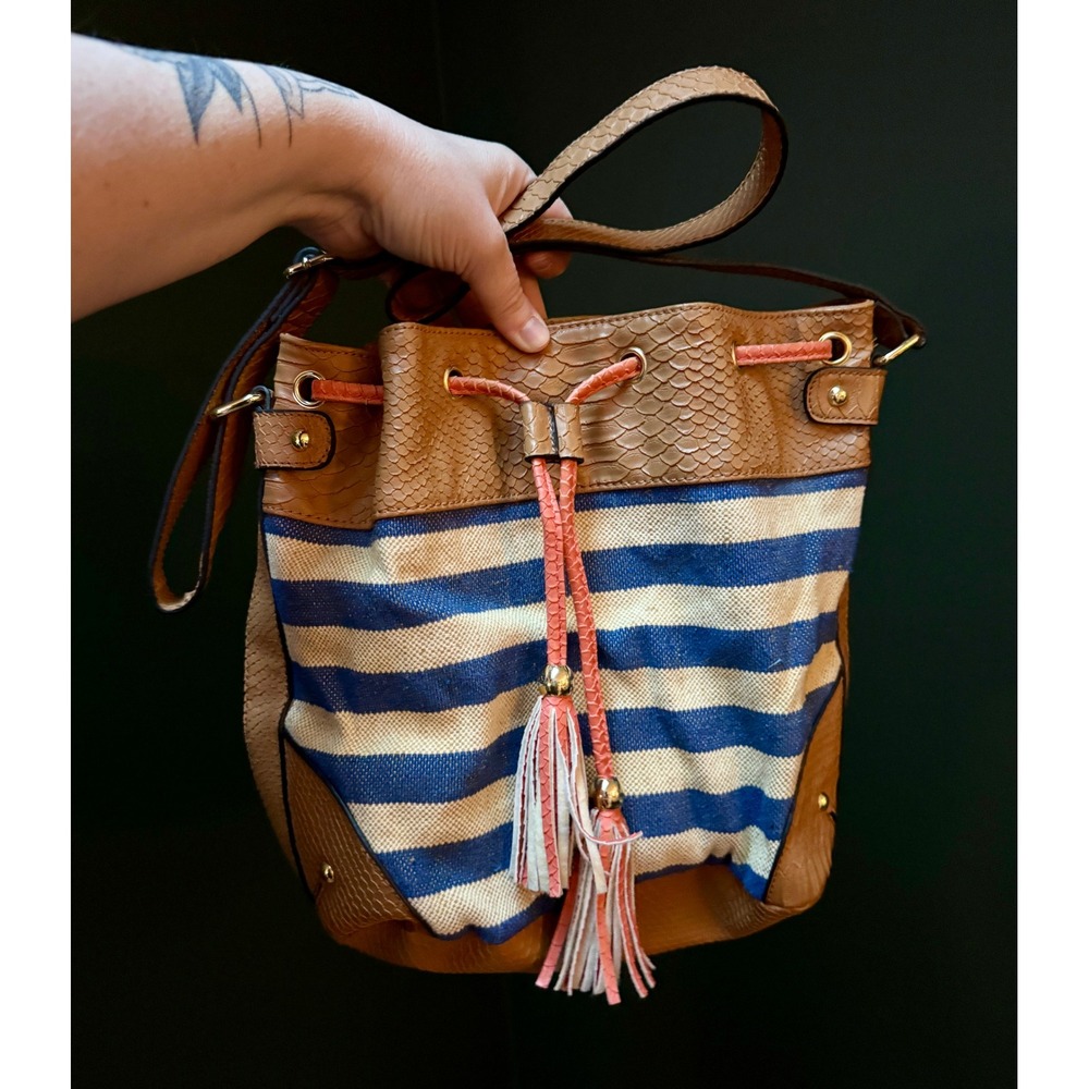 Apt. 9 Blue & White Stripe Faux Leather Trim Coral Tassels Drawstring Bucket Bag
